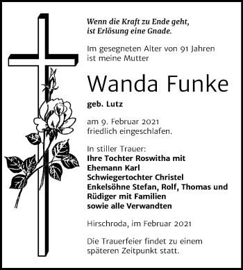 Traueranzeige von Wanda Funke von Mitteldeutsche Zeitung Naumburg/Nebra