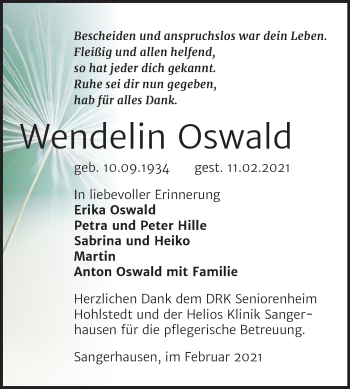 Traueranzeige von Wendelin Oswald von Mitteldeutsche Zeitung Sangerhausen