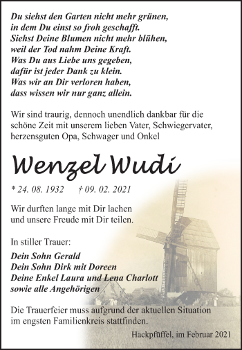 Traueranzeige von Wenzel Wudi von Super Sonntag Sangerhausen