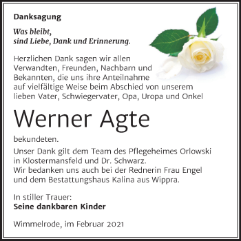 Traueranzeige von Werner Agte von Mitteldeutsche Zeitung Mansfelder Land