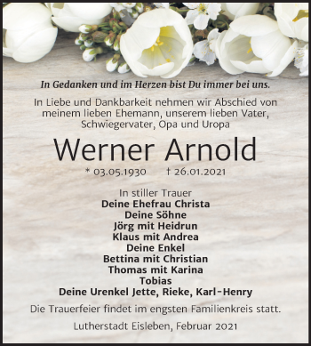 Traueranzeige von Werner Arnold von Mitteldeutsche Zeitung Mansfelder Land