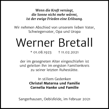 Traueranzeige von Werner Bretall von Mitteldeutsche Zeitung Sangerhausen