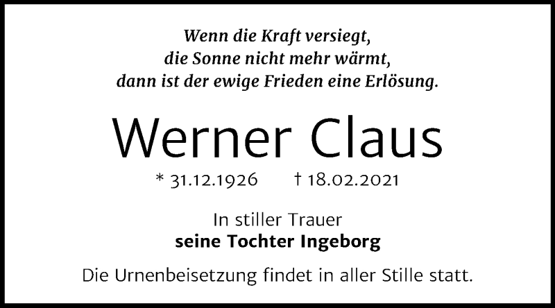  Traueranzeige für Werner Claus vom 27.02.2021 aus Super Sonntag Naumburg/Nebra