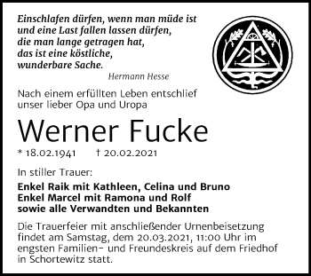 Traueranzeige von Werner Fucke von Mitteldeutsche Zeitung Köthen