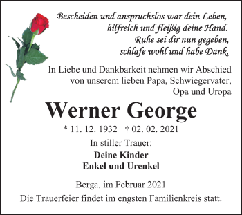 Traueranzeige von Werner George von Mitteldeutsche Zeitung Sangerhausen