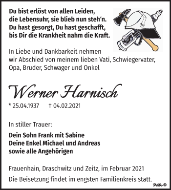 Traueranzeige von Werner Harnisch von Super Sonntag Zeitz