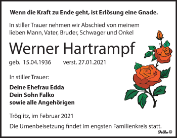 Traueranzeige von Werner Hartrampf von Super Sonntag Zeitz