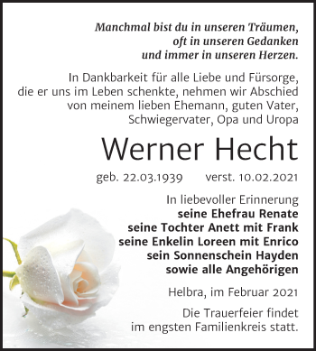 Traueranzeige von Werner Hecht von Mitteldeutsche Zeitung Mansfelder Land