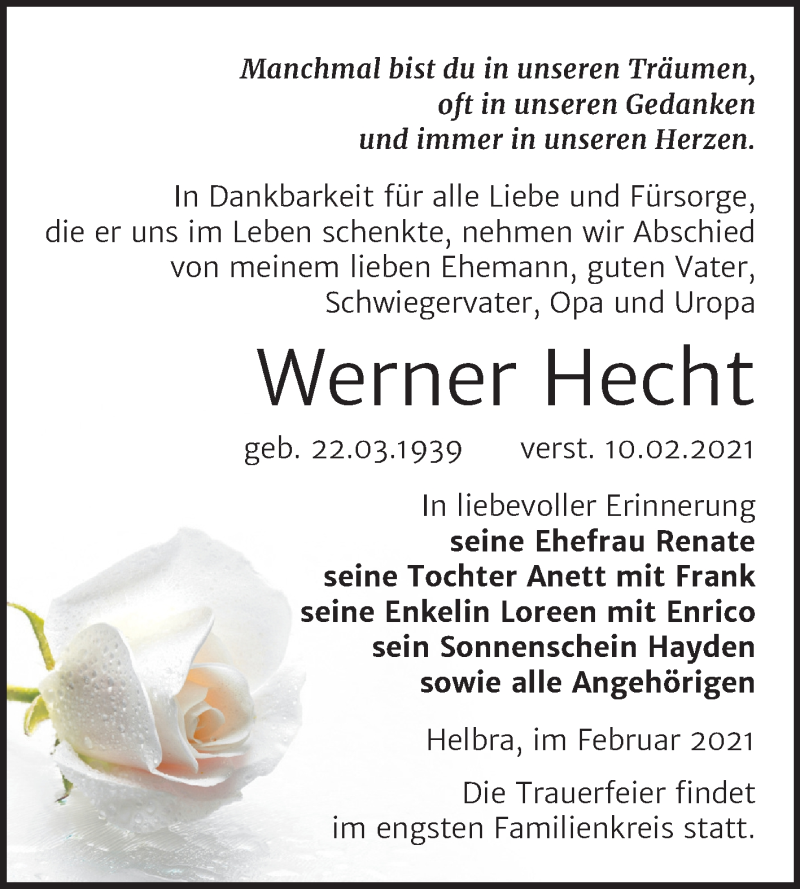  Traueranzeige für Werner Hecht vom 20.02.2021 aus Super Sonntag Mansfelder Land