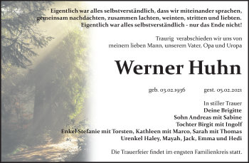 Traueranzeige von Werner Huhn von Mitteldeutsche Zeitung Bitterfeld