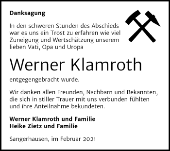 Traueranzeige von Werner Klamroth von Mitteldeutsche Zeitung Sangerhausen