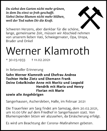 Traueranzeige von Werner Klamroth von Mitteldeutsche Zeitung Sangerhausen