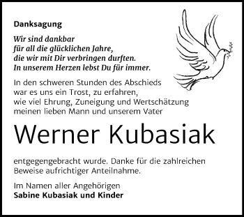 Traueranzeige von Werner Kubasiak von Mitteldeutsche Zeitung Quedlinburg