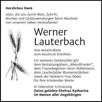 Traueranzeige von Werner Lauterbach von Mitteldeutsche Zeitung Merseburg/Querfurt