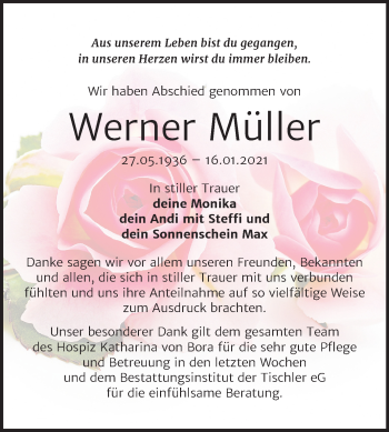 Traueranzeige von Werner Müller von Super Sonntag Wittenberg