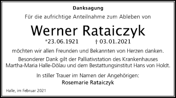 Traueranzeige von Werner Rataiczyk von Mitteldeutsche Zeitung Halle/Saalkreis