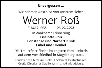 Traueranzeige von Werner Roß von Mitteldeutsche Zeitung Merseburg/Querfurt