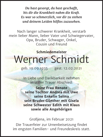 Traueranzeige von Werner Schmidt von Super Sonntag Naumburg/Nebra