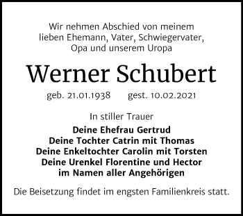 Traueranzeige von Werner Schubert von Super Sonntag Wittenberg
