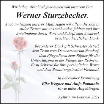 Traueranzeige von Werner Sturzebecher von Super Sonntag Sangerhausen