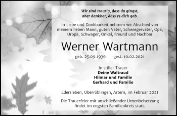 Traueranzeige von Werner Wartmann von Super Sonntag Sangerhausen