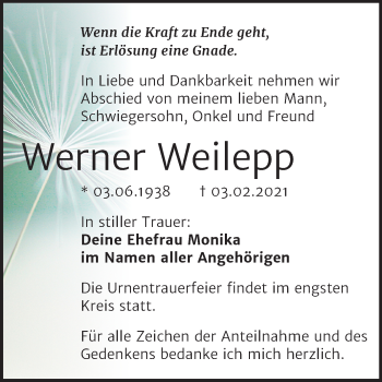 Traueranzeige von Werner Weilepp von Super Sonntag Naumburg/Nebra