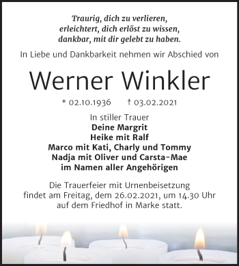 Traueranzeige von Werner Winkler von Mitteldeutsche Zeitung Bitterfeld