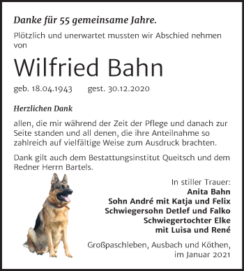 Traueranzeige von Wilfried Bahn von Super Sonntag Köthen
