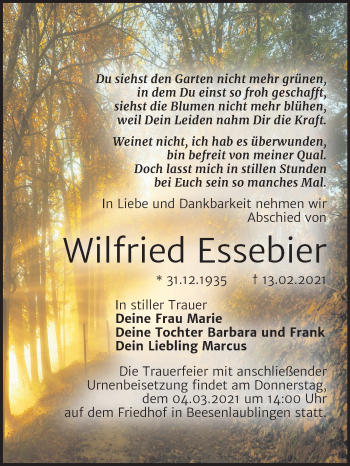 Traueranzeige von Wilfried Essebier von Mitteldeutsche Zeitung Bernburg