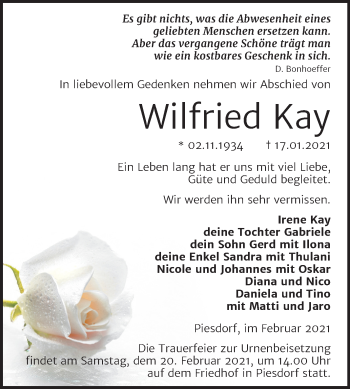 Traueranzeige von Wilfried Kay von Super Sonntag Bernburg