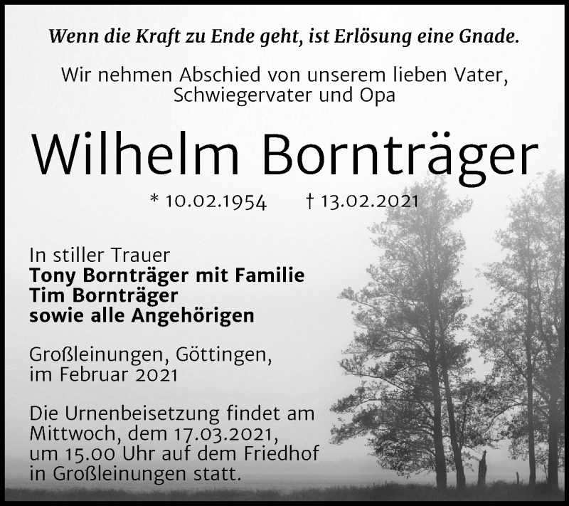  Traueranzeige für Wilhelm Bornträger vom 26.02.2021 aus Mitteldeutsche Zeitung Sangerhausen