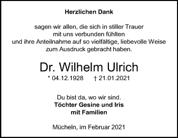 Traueranzeige von Wilhelm Ulrich von Mitteldeutsche Zeitung Merseburg/Querfurt