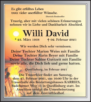 Traueranzeige von Willi David von Mitteldeutsche Zeitung Quedlinburg
