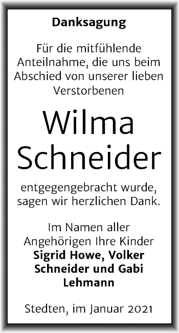 Traueranzeige von Wilma Schneider von Super Sonntag Mansfelder Land