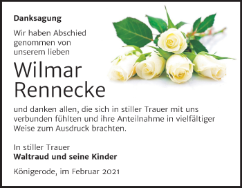 Traueranzeige von Wilmar Rennecke von Super Sonntag Quedlinburg