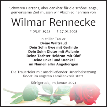 Traueranzeige von Wilmar Rennecke von Super Sonntag Quedlinburg