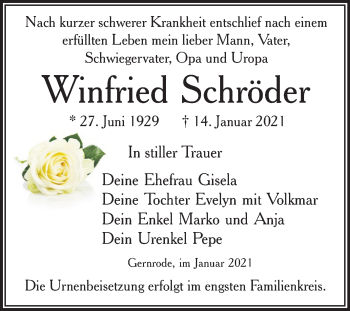Traueranzeige von Winfried Schröder von Mitteldeutsche Zeitung Quedlinburg