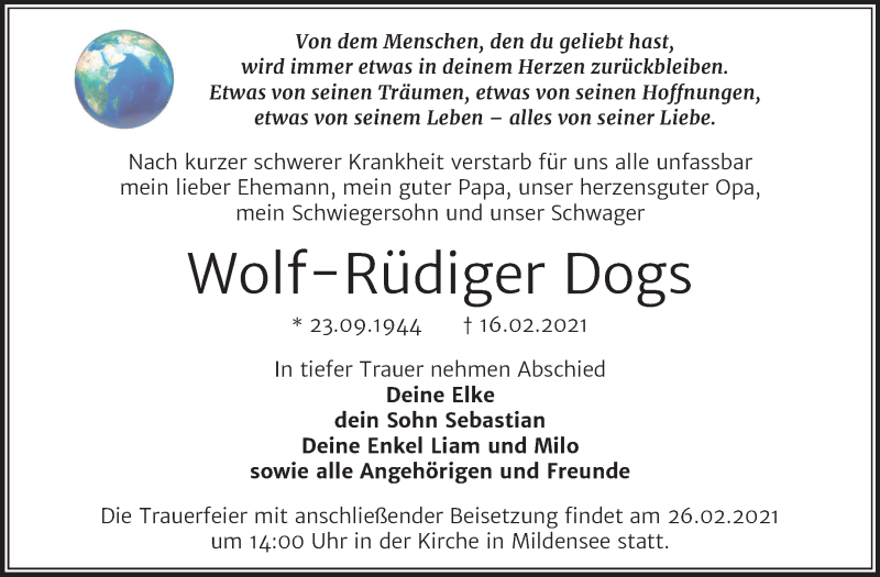  Traueranzeige für Wolf-Rüdiger Dogs vom 22.02.2021 aus Mitteldeutsche Zeitung Dessau-Roßlau