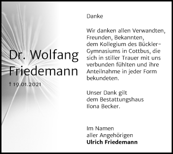 Traueranzeige von Wolfang Friedemann von Super Sonntag Sangerhausen