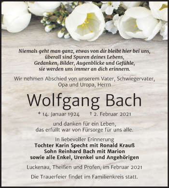 Traueranzeige von Wolfgang Bach von Super Sonntag Zeitz