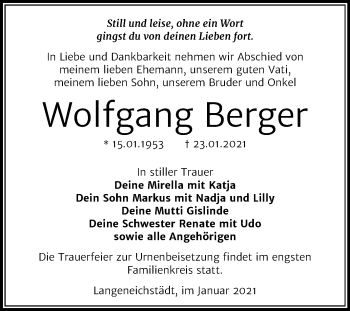 Traueranzeige von Wolfgang Berger von Mitteldeutsche Zeitung Merseburg/Querfurt