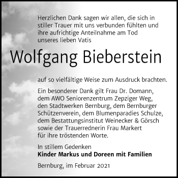 Traueranzeige von Wolfgang Bieberstein von Mitteldeutsche Zeitung Bernburg