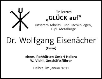 Traueranzeige von Wolfgang Eisenächer von Mitteldeutsche Zeitung Mansfelder Land