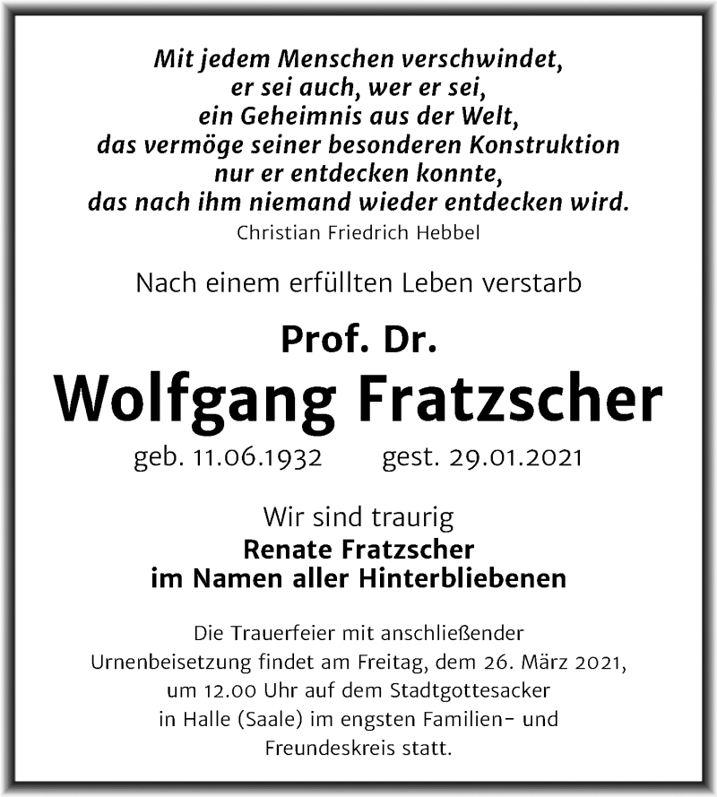  Traueranzeige für Wolfgang Fratzscher vom 06.02.2021 aus Mitteldeutsche Zeitung Halle/Saalkreis