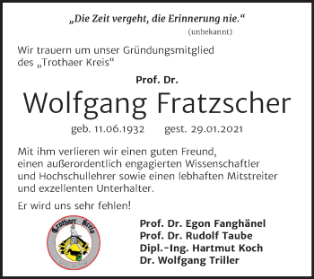 Traueranzeige von Wolfgang Fratzscher von Mitteldeutsche Zeitung Halle/Saalkreis