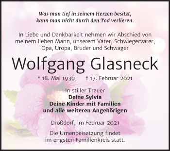 Traueranzeige von Wolfgang Glasneck von Mitteldeutsche Zeitung Zeitz