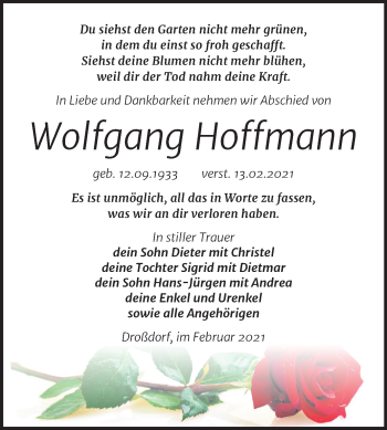 Traueranzeige von Wolfgang Hoffmann von Mitteldeutsche Zeitung Zeitz