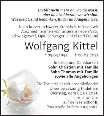 Traueranzeige von Wolfgang Kittel von Super Sonntag Bernburg