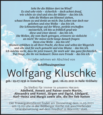 Traueranzeige von Wolfgang Kluschke von Mitteldeutsche Zeitung Halle/Saalkreis