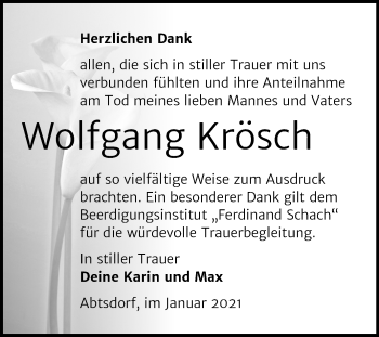 Traueranzeige von Wolfgang Krösch von Super Sonntag Wittenberg